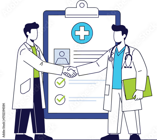 Medical collaboration vector illustration, doctors shaking hands, healthcare teamwork, clipboard document, stethoscope, flat design, black yellow white