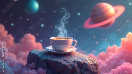 Steaming coffee cup on rock with planets & clouds in a dreamy cosmos.