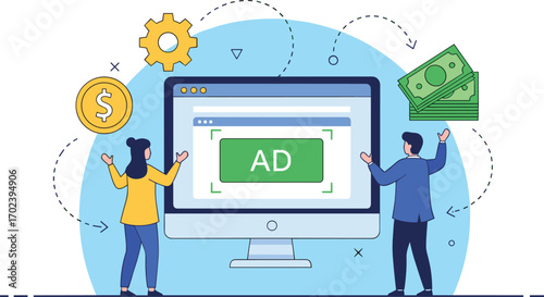Online advertising vector illustration, digital monetization concept, computer screen with ad button, revenue icons, flat design, black yellow white
