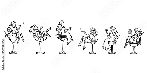 Whimsical hand drawn woman in martini glass. A woman elegantly lounging inside a martini glass, embodying fun and joy. Cocktail girl in Martini glass celebration illustration.