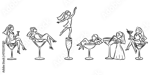 Whimsical hand drawn woman in martini glass. A woman elegantly lounging inside a martini glass, embodying fun and joy. Cocktail girl in Martini glass celebration illustration.