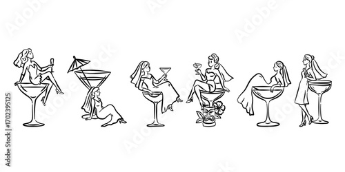 Whimsical hand drawn woman in martini glass. A woman elegantly lounging inside a martini glass, embodying fun and joy. Cocktail girl in Martini glass celebration illustration.