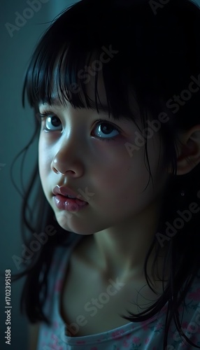 Pensive Young Girl Looking Up in Soft Blue Lighting, Studio Portrait