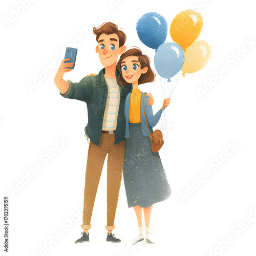 A young couple celebrates with balloons and a selfie, marking a cheerful and heartwarming moment together.