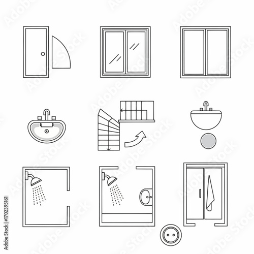 A comprehensive set of vector line icons depicting architectural elements for interior design blueprints and floor plans