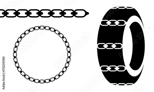 Tire with mounted snow chains