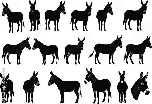 Donkey silhouette vector set, farm animal illustration, mule clipart collection, black donkey icons, rural livestock graphic, equine shape design