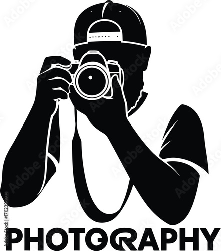 Adobe IllustraPhotographer Silhouette Vector in Black and White with Camera Strap and “PHOTOGRAPHY” Text Featuring Stylized Lens Letteringtor Artwork