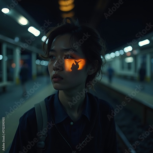 Pensive Young Woman with Sunlight Shadow at Dark Train Station