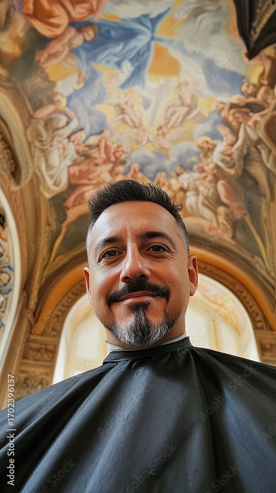 Naklejka premium Selfie of a barber with a goatee, wearing a black cape, looking at the camera and smiling after a haircut