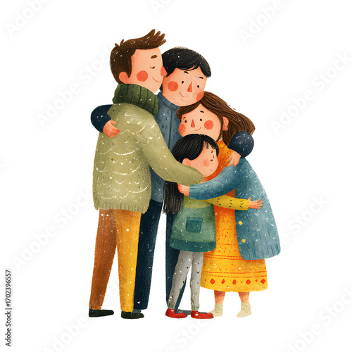 A heartwarming illustration of a family embracing, showcasing unity and affection in a colorful, cozy setting.