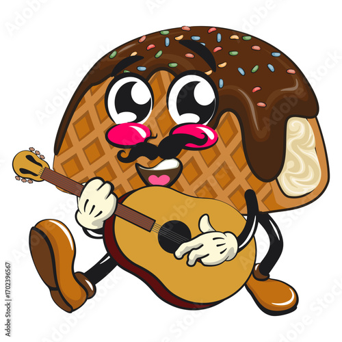 cute choco taco ice cream mascot character vector illustration moustache playing guitar, work of hand drawn