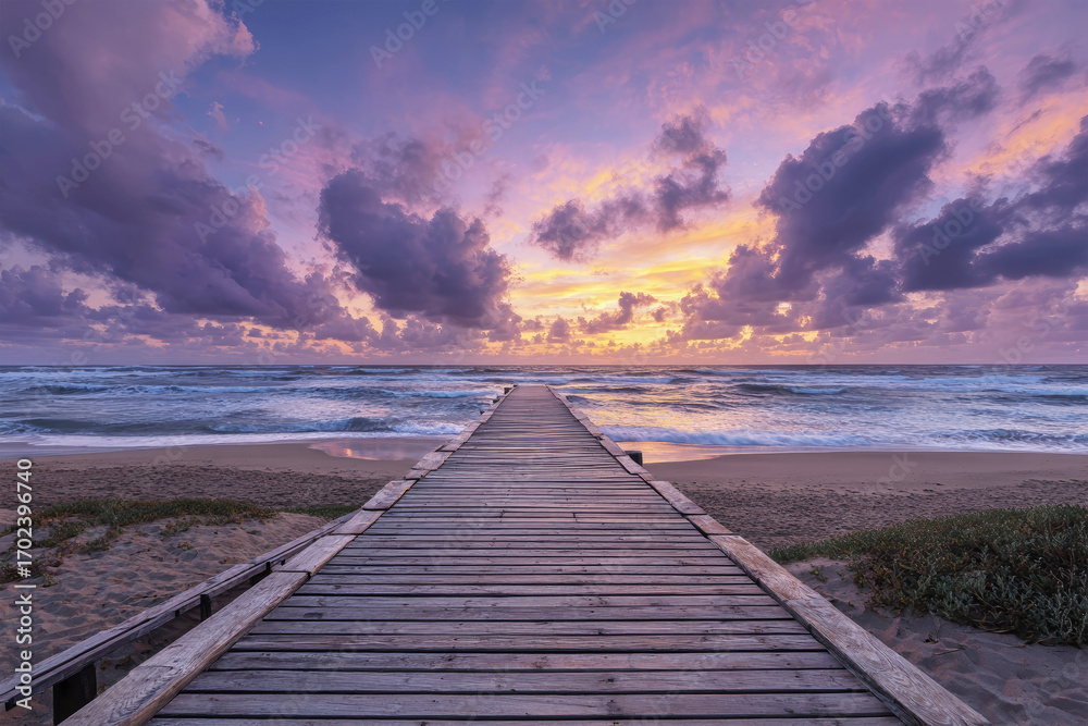 Fototapeta premium Colorful sunset over the ocean from a wooden pier with vibrant clouds illuminating the sky