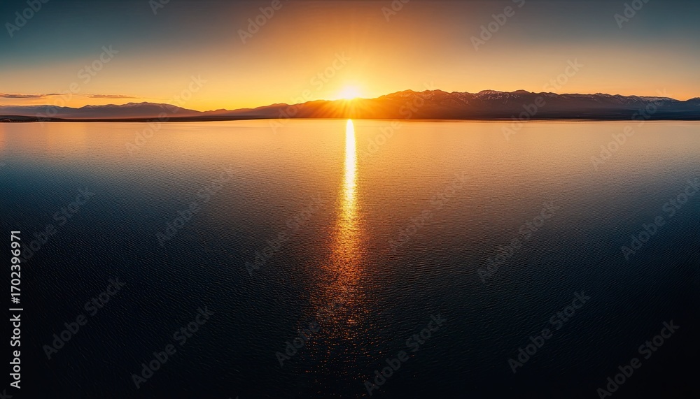 Naklejka premium Sunset over Lake , panoramic view of the lake with mountains in background
