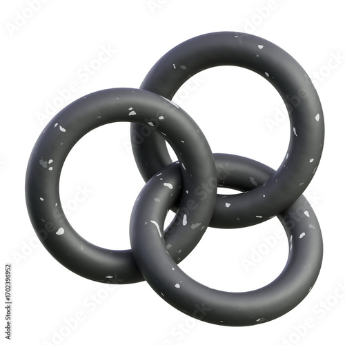 Three black interlocking rings rendered in 3D with matte texture and subtle specks; suitable for connectivity, security, or collaboration branding.