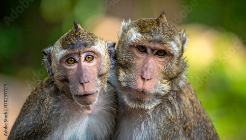 Two monkeys close together, faces forward