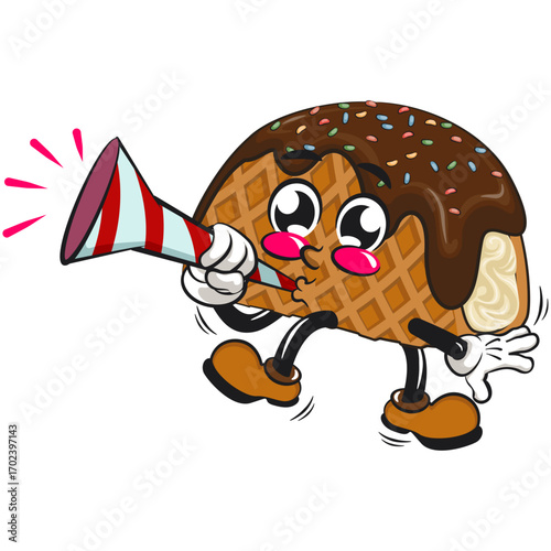 cute choco taco ice cream mascot character vector illustration blow the party horn trumpet, work of hand drawn