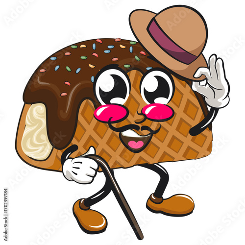 cute choco taco ice cream mascot character vector illustration carrying a stick and saluting with raised hat, work of hand drawn
