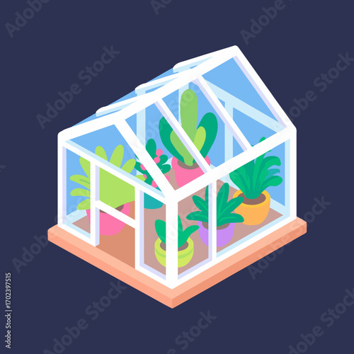 Isometric Greenhouse with Various Potted Plants Illustration, Cultivating Indoor Garden for Hobby and Leisure