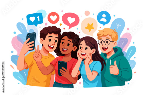 Vector illustration of five young friends taking selfie with smartphone, chatting and enjoying social media together.
