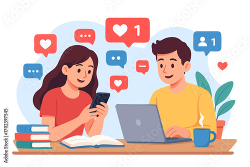 Vector illustration of young man and woman using laptop and smartphone together, working and social media chatting.

