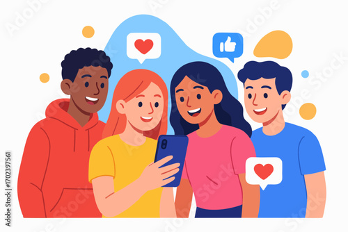 Vector illustration of diverse group of friends taking selfie with smartphone, enjoying social media interaction.
