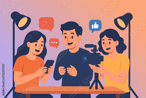 Vector illustration of young couple using smartphones and recording video with camera, content creator concept.
