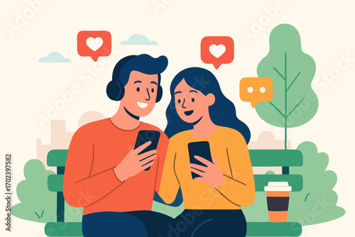 Vector illustration of young couple sitting and using smartphones, chatting and social media interaction.