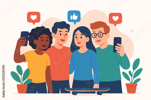 Vector illustration of four young friends using smartphone together, chatting and enjoying social media.

