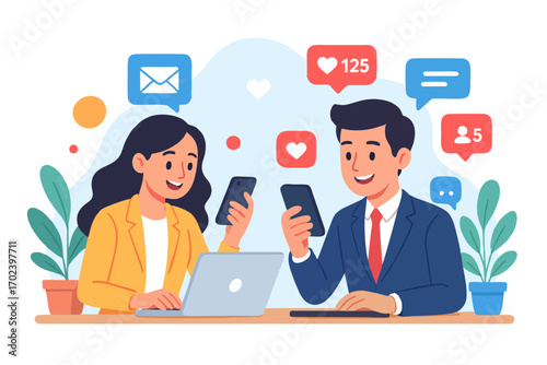 Vector illustration of man and woman using smartphone and laptop for social media and online communication.