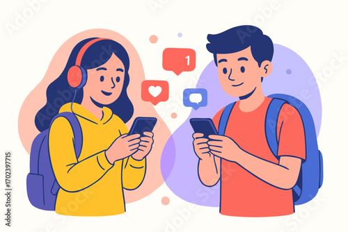 Vector illustration of young students with backpacks using smartphones, chatting and connecting on social media.
