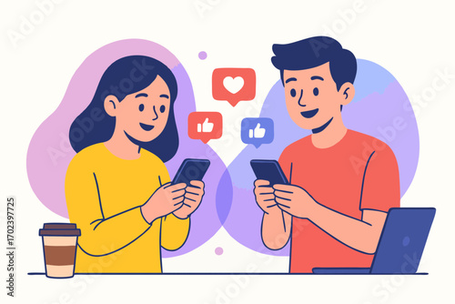Vector illustration of young man and woman using smartphones with social media icons, chatting and communication online.
