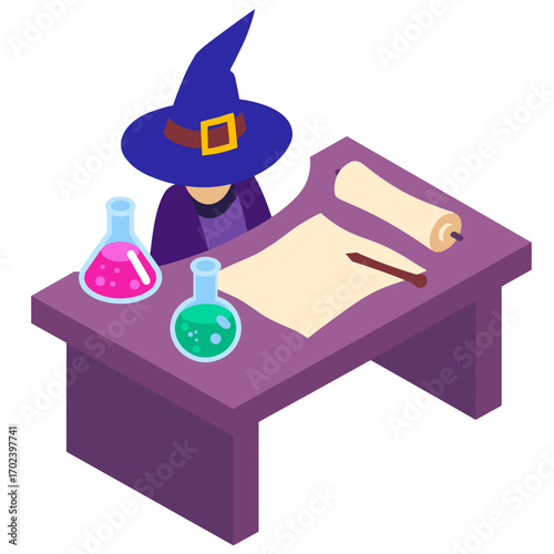Isometric Illustration of a Wizard at a Desk with Potion Bottles and Scroll, Preparing Magic Spells