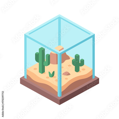 Isometric Desert Terrarium with Cacti and Sand Inside a Glass Cube Illustration