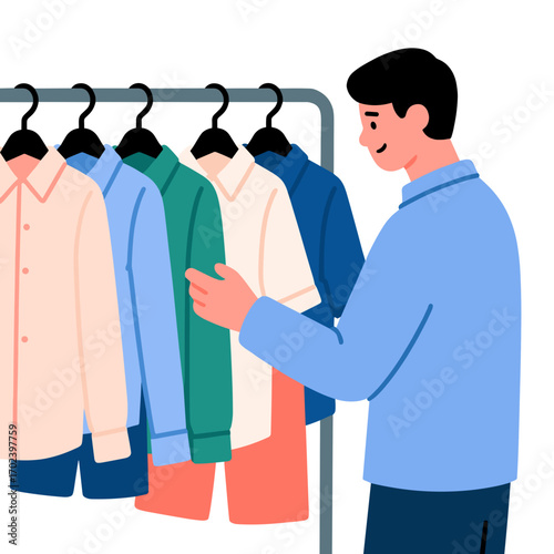 Man Shopping for Shirts at a Clothing Store, Choosing from a Rack of Colorful Garments Illustration