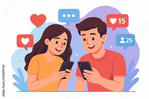 Vector illustration of young couple using smartphones together with love and likes icons, online chatting and social media.
