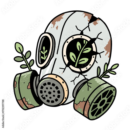 Illustration of a Weathered Gas Mask with Plants Growing, Symbolizing Environmental Recovery and Resilience