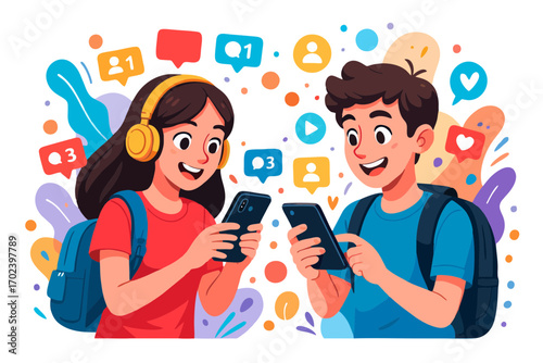 Vector illustration of young man and woman using smartphones with headphones, chatting and enjoying social media.