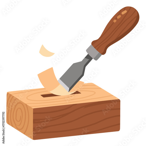 Illustration of a Chisel Carving Wood Block with Wood Shavings, a Woodworking Project