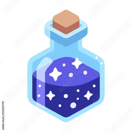 Isometric Vector Illustration of a Magic Potion Bottle with Stars and Bubbles Inside, Fantasy Game Asset