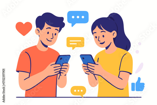 Two young people facing each other while using smartphones with chat bubbles.