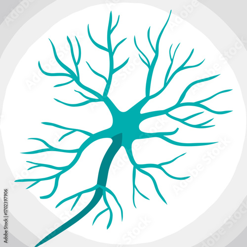 Stylized Neuron Illustration with Dendrites and Axon in Teal Color on a Gray Background