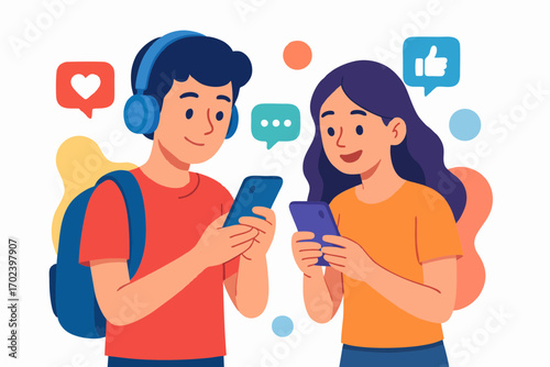 Young man with headphones smiling while chatting on smartphone with girl.