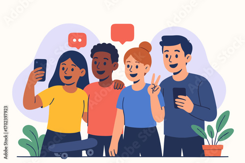 Group of diverse young people taking selfie with smartphones.