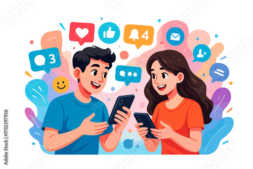  Young man and woman smiling while checking smartphones with emoji reactions.