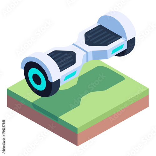Isometric Illustration of a White Hoverboard on a Green and Brown Platform, Modern Transportation