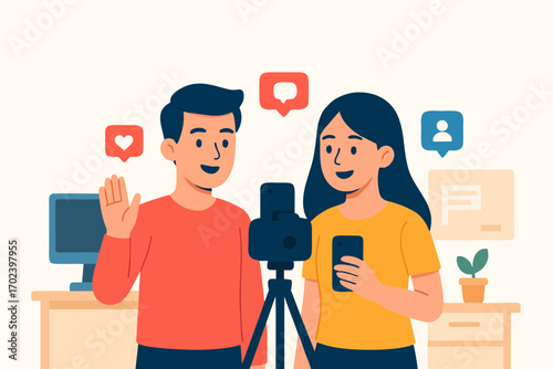  Man and woman recording video with smartphone on tripod for social media.