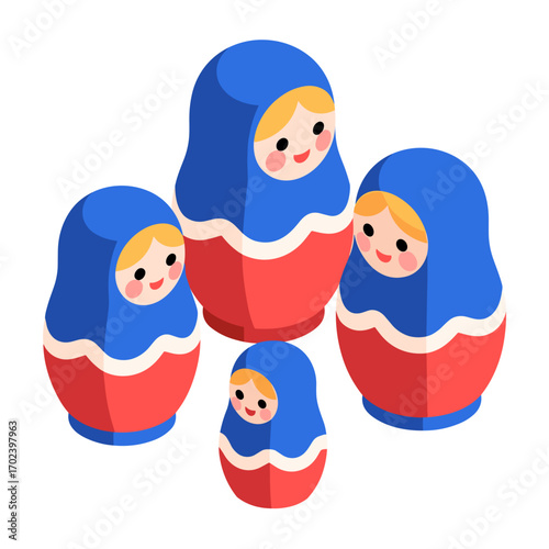 Isometric Vector Illustration of a Set of Four Matryoshka Dolls, Russian Nesting Dolls, in Blue and Red