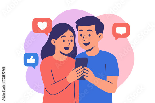  Young couple holding smartphone with hearts and likes floating around.