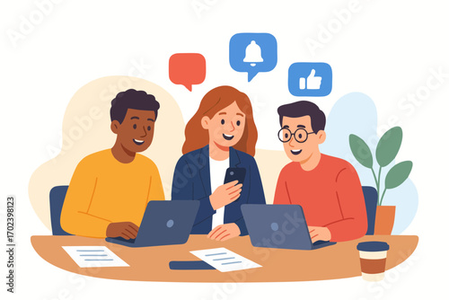 Group of colleagues working together on laptops with social media icons.
